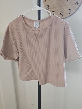 Womens Tan Tee With Rolled Cuffs Blue Rain Medium
